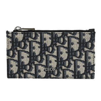 Christian Dior 滿版緹花LOGO簡易4卡拉鍊零錢包.深藍