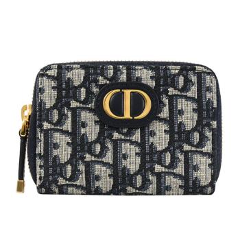 Christian Dior Voyageur 滿版緹花LOGOㄇ字拉鍊卡片零錢包.深藍