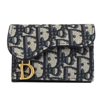 Christian Dior Saddle 滿版緹花LOGO壓釦零錢卡片收納包.深藍