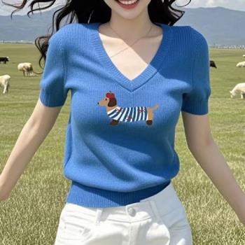 【LANNI 藍尼】★藍色V領俏皮上衣(女上衣/百搭/舒適/T恤)