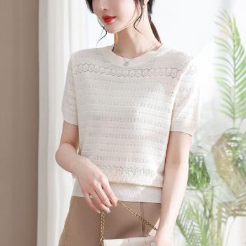 【LANNI 藍尼】★冰絲針織圓領緹花上衣(女上衣/百搭/舒適/T恤)