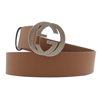 GUCCI 546389 經典雙G LOGO金屬頭素色小牛皮寬版皮帶.咖