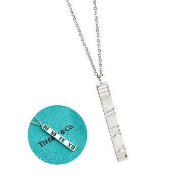 九八成新展示品-TIFFANY 925純銀-簍空羅馬刻字吊牌墜飾中版項鍊