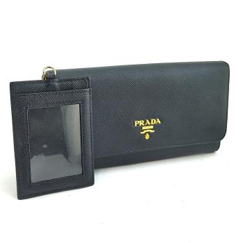 八八成新--PRADA 黑色仿舊牛皮金色浮雕LOGO 10卡釦式對折長夾