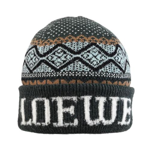 LOEWE 經典LOGO民族元素圖樣混羊毛保暖針織毛帽.深綠 
