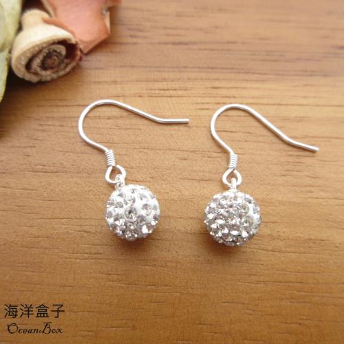 【海洋盒子】8mm。精緻閃耀鑲鑽球球925純銀針勾式耳環.垂墜耳環.外鍍專櫃級正白K