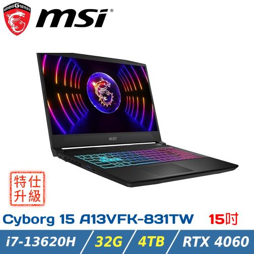 (特仕升級)MSI微星 Cyborg 15 A13VFK-831TW(i7-13620H/16G+16G/RTX4060/4TB/W11/15.6)