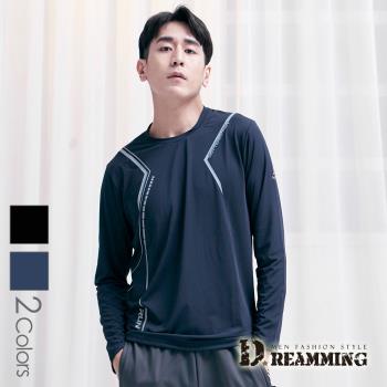 任-【Dreamming】簡約線條彈力圓領運動長T 親膚 涼感 透氣 透氣(共二色)