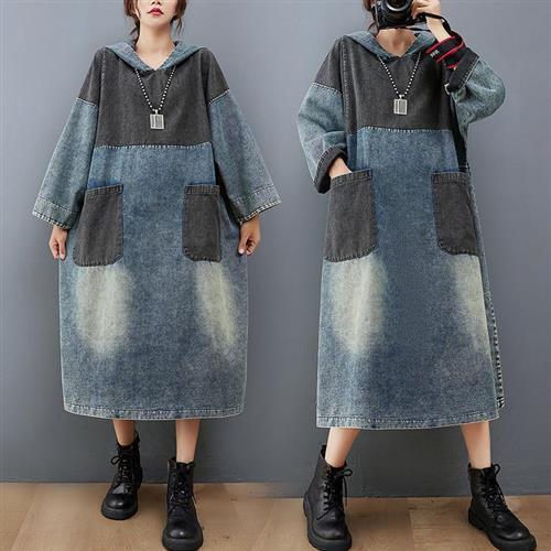 【巴黎精品】牛仔洋裝丹寧連身裙-長袖連帽復古拼色女裙子a1jc23