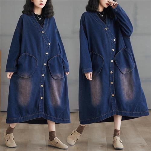【巴黎精品】牛仔洋裝丹寧連身裙-長袖V領長版寬鬆女裙子a1jc48