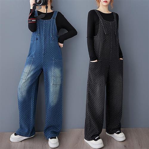 【巴黎精品】牛仔吊帶褲丹寧連身褲-點點抽繩磨白背帶女褲子2色a1jc44
