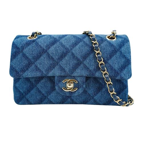 Chanel 菱格牛仔布金鍊翻蓋coco斜背包-23cm(A01113-牛仔藍)