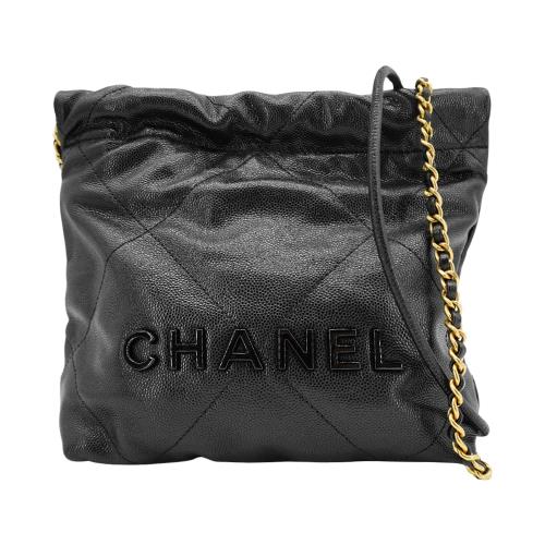 Chanel 22 Mini So black 菱格粒紋牛皮黑logo斜背包(AS3980-黑)