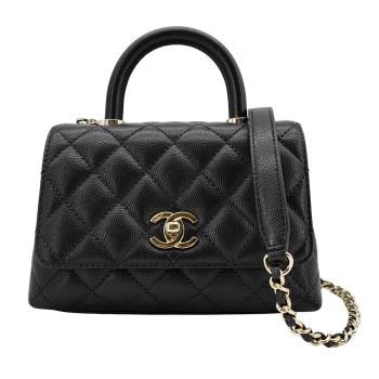 Chanel Coco Handle Mini 菱格粒紋牛皮淡金釦手提斜揹包(AS2215-黑)