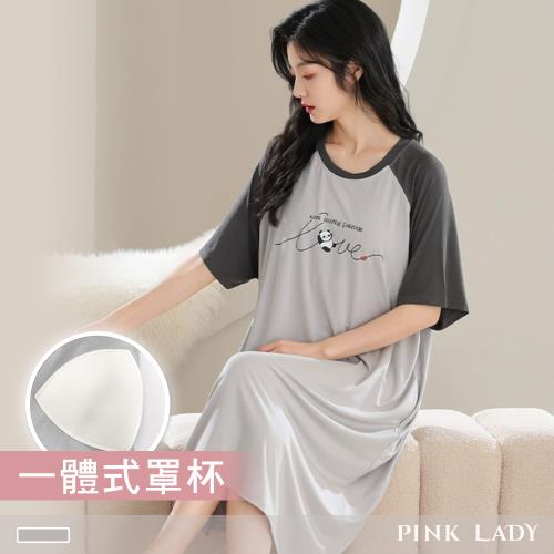 【PINK LADY】罩杯式 棉柔連身睡裙 俏皮熊貓 短袖睡衣 居家服(女睡衣/印花/圓領/連衣裙/涼感透氣) 22353