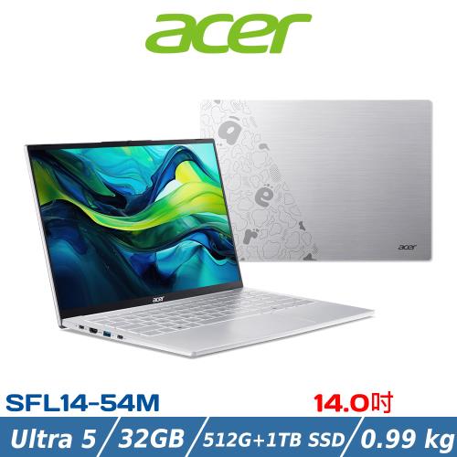  (規格升級)ACER 宏碁 14吋輕巧筆電 SFL14-54M-54EW(Ultra 5 115U/32G/512G+1TB/Win11/銀)