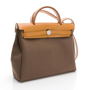Hermes Herbag31 銀釦皮革上蓋手提/肩背兩用包 (暗橘/咖啡/銀扣)(扣帶小掉皮瑕疵)