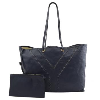 【展示福利品】 YSL 284650 簡約小羊皮漆皮雙面肩揹包.深藍/白