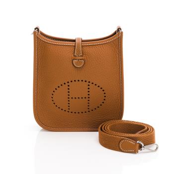 Hermes Evelyne 16 Amazone H LOGO迷你牛皮布肩揹包 (金棕/銀扣)