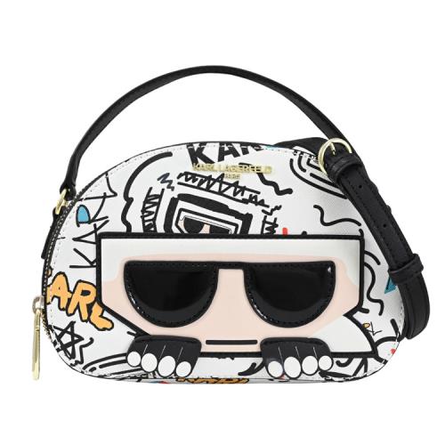 【全新福利品】KARL LAGERFELD 卡爾 老佛爺塗鴉造型手提兩用包.白