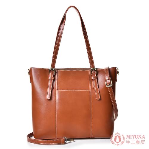 【MIYUNA米友娜】真皮植鞣牛皮通勤大容量托特包肩背.斜背包-復古棕