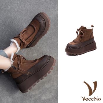 【VECCHIO】全真皮羊毛鬆糕厚底雪靴/全真皮頭層牛皮保暖羊毛裡復古繫帶鬆糕厚底雪靴 女鞋 棕