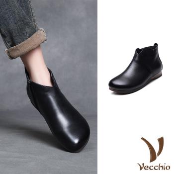 【VECCHIO】真皮絨裡低跟短靴/真皮頭層牛皮保暖絨裡經典復古低跟短靴 女鞋 黑