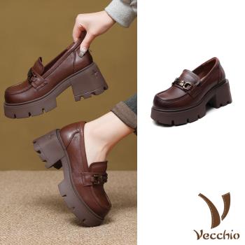 【VECCHIO】全真皮粗跟厚底樂福鞋/全真皮頭層牛皮個性金屬一字釦帶粗跟厚底休閒樂福鞋 女鞋 棕