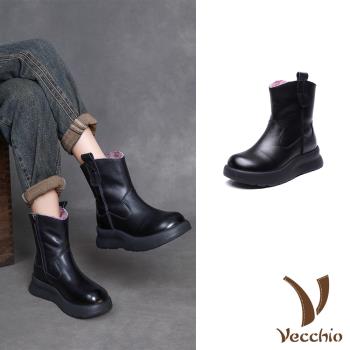 【VECCHIO】真皮羊毛厚底短筒雪靴/真皮頭層牛皮保暖羊毛厚底經典短筒雪靴 女鞋 黑