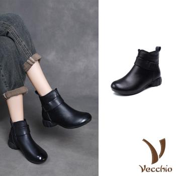 【VECCHIO】真皮民族風絨裡短靴/真皮頭層牛皮復古民族風一字帶保暖絨裡短靴 女鞋 黑