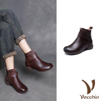 【VECCHIO】真皮民族風絨裡短靴/真皮頭層牛皮復古民族風一字帶保暖絨裡短靴 女鞋 棕