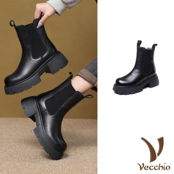 【VECCHIO】真皮絨裡厚底粗跟中筒靴/真皮頭層牛皮保暖絨裡厚底粗跟切爾西中筒靴 女鞋 黑