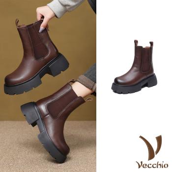 【VECCHIO】真皮絨裡厚底粗跟中筒靴/真皮頭層牛皮保暖絨裡厚底粗跟切爾西中筒靴 女鞋 棕
