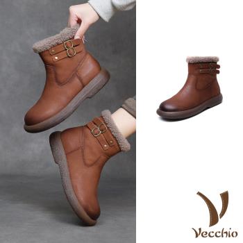 【VECCHIO】真皮羊羔毛雙扣帶短靴/真皮頭層牛皮保暖羊羔毛雙扣帶造型短靴 女鞋 棕