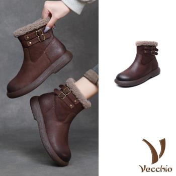 【VECCHIO】真皮羊羔毛雙扣帶短靴/真皮頭層牛皮保暖羊羔毛雙扣帶造型短靴 女鞋 咖