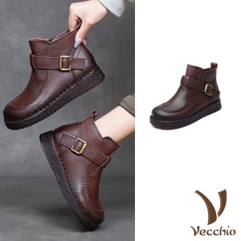 【VECCHIO】真皮皮帶釦飾厚底短靴/真皮頭層牛皮復古縫線皮帶釦飾造型厚底短靴 女鞋 咖