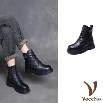 【VECCHIO】真皮羊毛內裡厚底粗跟短靴/真皮頭層牛皮保暖羊毛內裡厚底繫帶粗跟短靴 女鞋 黑