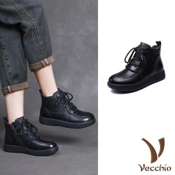 【VECCHIO】真皮羊毛繫帶短靴/真皮頭層牛皮保暖羊毛復古繫帶短靴 女鞋 黑