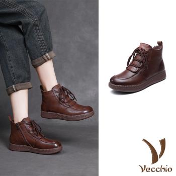 【VECCHIO】真皮羊毛繫帶短靴/真皮頭層牛皮保暖羊毛復古繫帶短靴 女鞋 棕