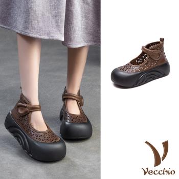【VECCHIO】全真皮刻花厚底涼鞋/全真皮頭層牛皮復古縷空刻花厚底一字帶涼鞋 女鞋 卡其