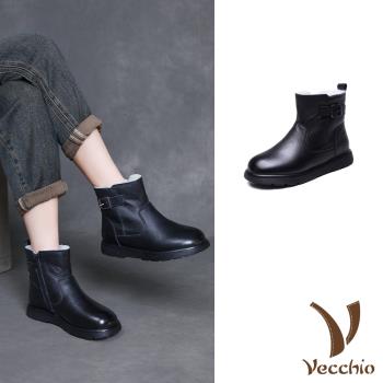 【VECCHIO】真皮羊毛內裡釦飾厚底短靴/真皮頭層牛皮保暖羊毛內裡個性釦飾厚底短靴 女鞋 黑