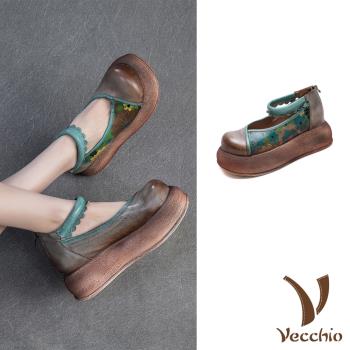 【VECCHIO】全真皮厚底印花娃娃鞋/全真皮頭層牛皮復古鬆糕厚底印花拼接繫帶娃娃鞋 女鞋 灰