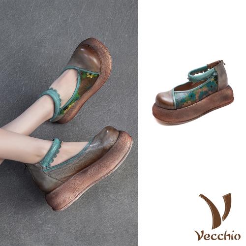 【VECCHIO】全真皮厚底印花娃娃鞋/全真皮頭層牛皮復古鬆糕厚底印花拼接繫帶娃娃鞋 女鞋 灰