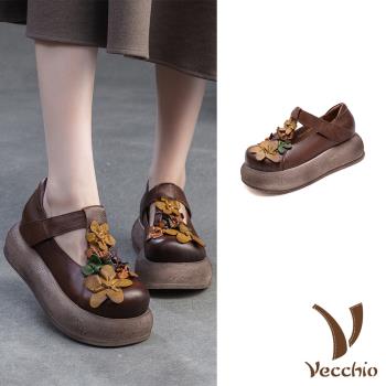 【VECCHIO】全真皮彩色T字厚底娃娃鞋/全真皮頭層牛皮彩色手工花朵T字帶魔鬼粘厚底娃娃鞋 女鞋 咖