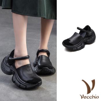 【VECCHIO】全真皮拼接厚底包頭涼鞋/全真皮頭層牛皮異材質拼接厚底包頭一字帶涼鞋 女鞋 黑
