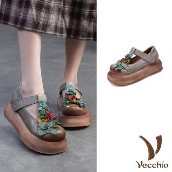 【VECCHIO】全真皮彩色T字厚底娃娃鞋/全真皮頭層牛皮彩色手工花朵T字帶魔鬼粘厚底娃娃鞋 女鞋 灰