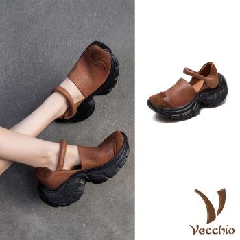 【VECCHIO】全真皮拼接厚底包頭涼鞋/全真皮頭層牛皮異材質拼接厚底包頭一字帶涼鞋 女鞋 棕