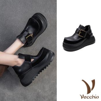 【VECCHIO】全真皮拼接厚底休閒鞋/全真皮頭層牛皮異材質拼接大皮帶釦造型厚底休閒鞋 女鞋 黑