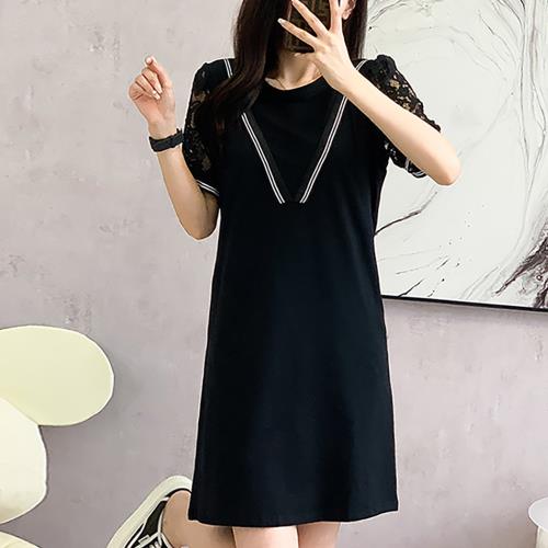 麗質達人 - 353黑色蕾絲拼接假二件洋裝-LY