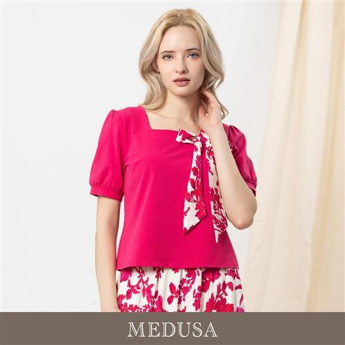現貨【MEDUSA 曼度莎】桃紅絲帶裝飾短袖上衣（M-XL）｜女休閒上衣 短袖上衣 氣質上衣